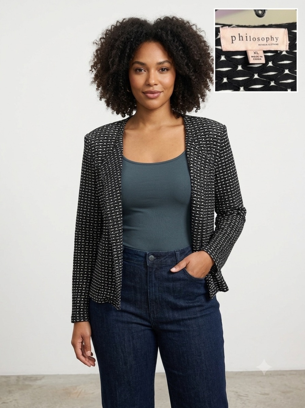 PHILOSOPHY Textured Geometric Open Front Cardigan Jacket Black White XL